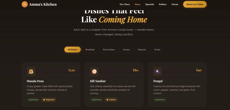 Interactive Menu — 15 dishes across 5 filterable categories