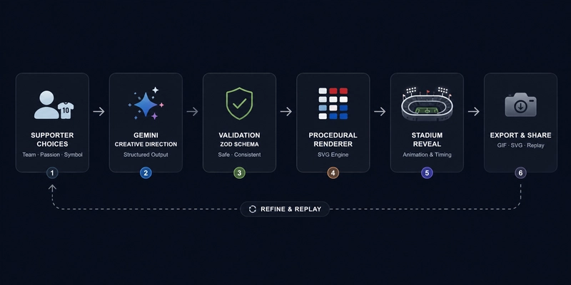 Architecture diagram showing supporter selections flowing into Gemini creative direction, structured-output validation, a procedural SVG renderer, and the final animated stadium tifo.