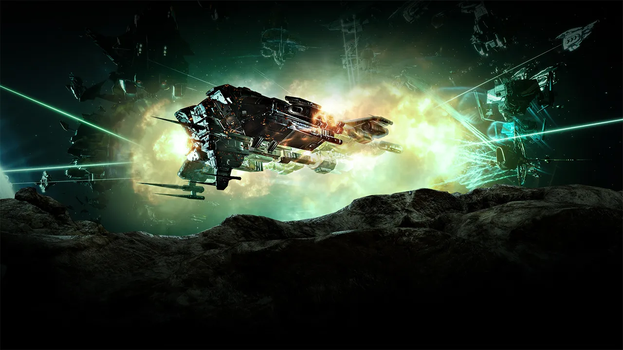 A ship emerges from a nebula in EVE Online