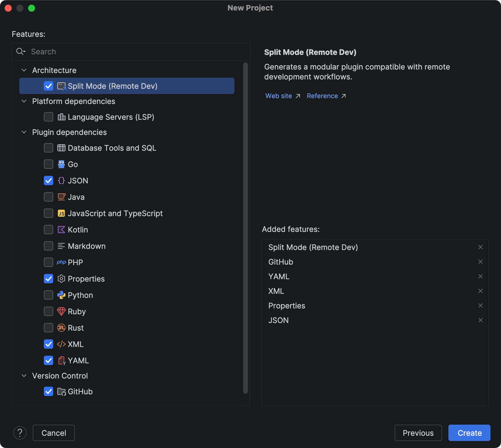 The second page of the IDE Plugin wizard showing the Features list.