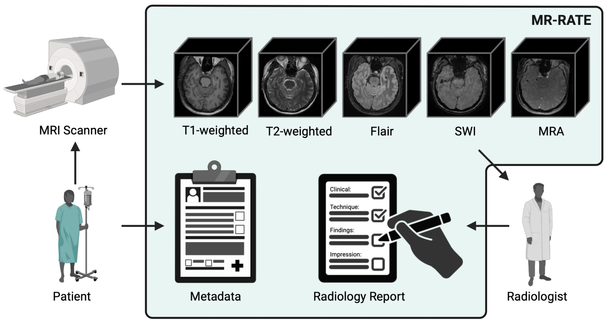 Image shows a novel dataset of brain and spine volumes from MR-RATE alongside a radiology report that the radiologist can review
