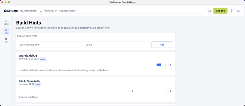 Build hints in the standalone Codename One Settings tool