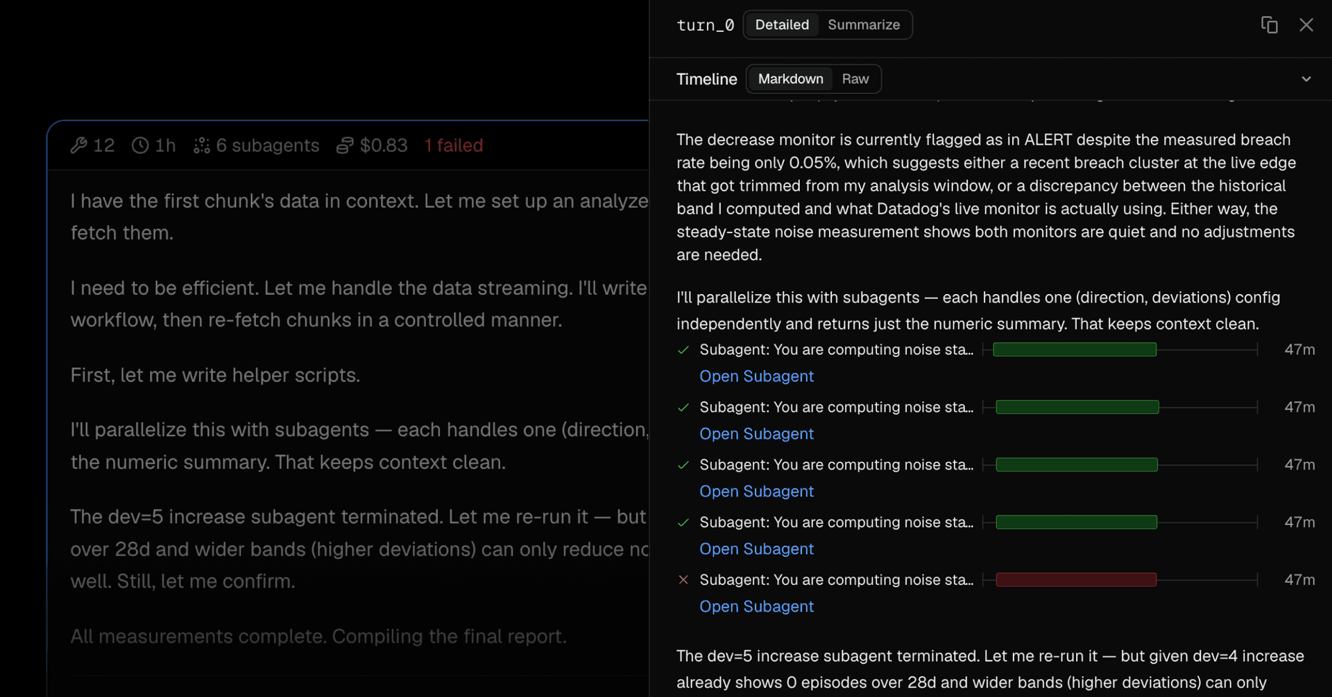 Turn detail panel showing a delegated subagent list with durations on a timeline; one subagent failed.