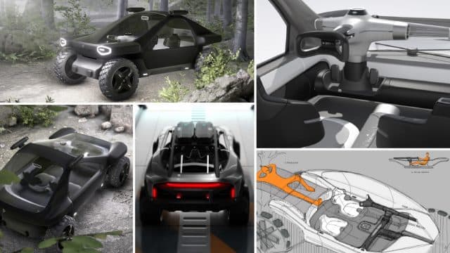 A small vehicle that is designed for remote work. Vehicle has the ability to lie down in.