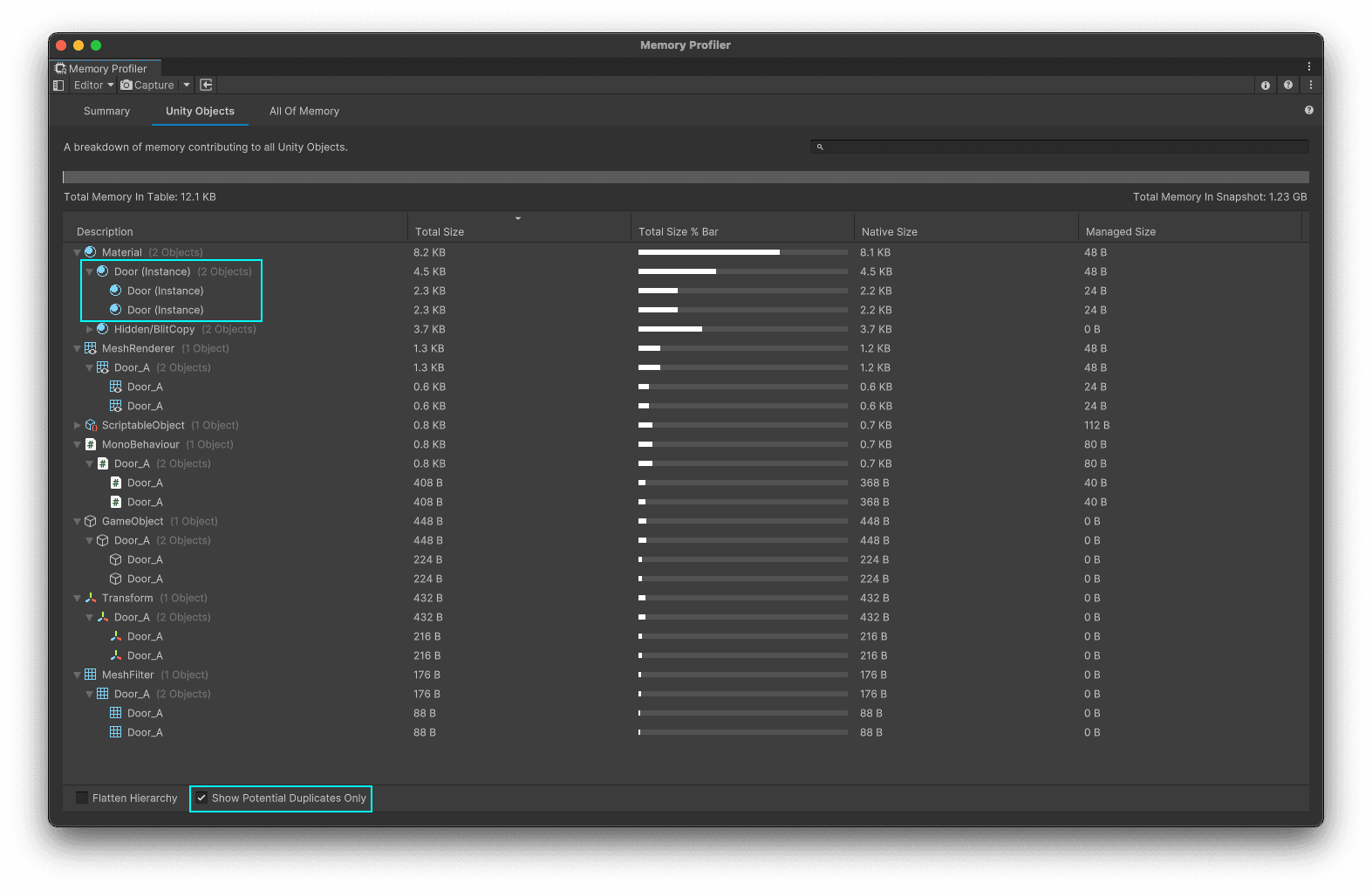 The “Show Potential Duplicates Only” quick filter shows us only Unity Objects that have multiple instances with the same name and size.