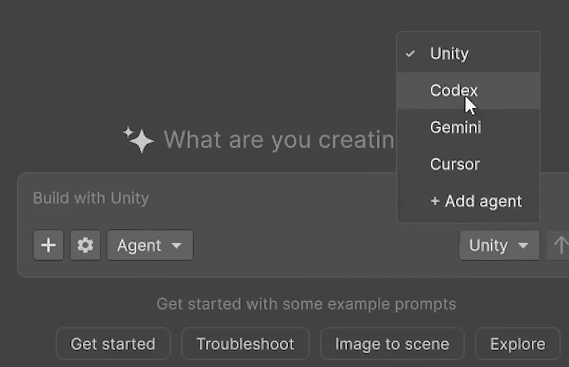 Zoomed-in view on the Unity MCP Server panel. The user is selecting an agent among the following options: Unity, Codex, Gemini, Cursor, + Add agent
