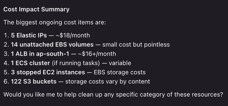 A Cost Impact Summary from the agent listing leftover resources: stopped EC2 instances, unattached EBS volumes, unassociated Elastic IPs, S3 buckets, a load balancer, and old Lambda functions