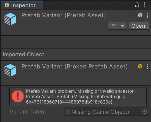 Prefab Variant Asset showing up as Broken Prefab due to lost parent Prefab