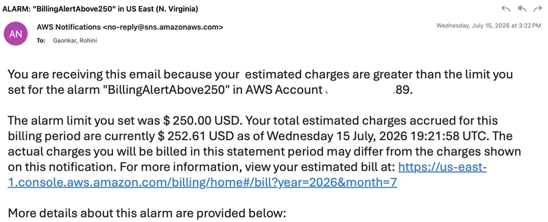 AWS billing alert email: estimated charges of $252.61 crossed the $250 threshold on my BillingAlertAbove250 alarm