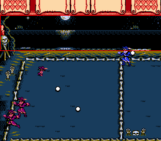 In this example screen, the area that is highlighted in red could be set to scroll slower than the rest of the background in order to simulate depth. The Heads-Up Display above it will be set so that it never scrolls, even though it is also part of the flattened background image.
