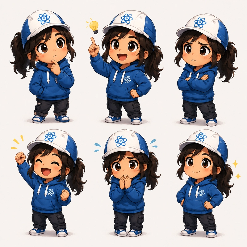 Six cartoon developer characters in blue React hoodies showing different emotions, including curiosity, excitement, frustration, celebration, worry, and confidence