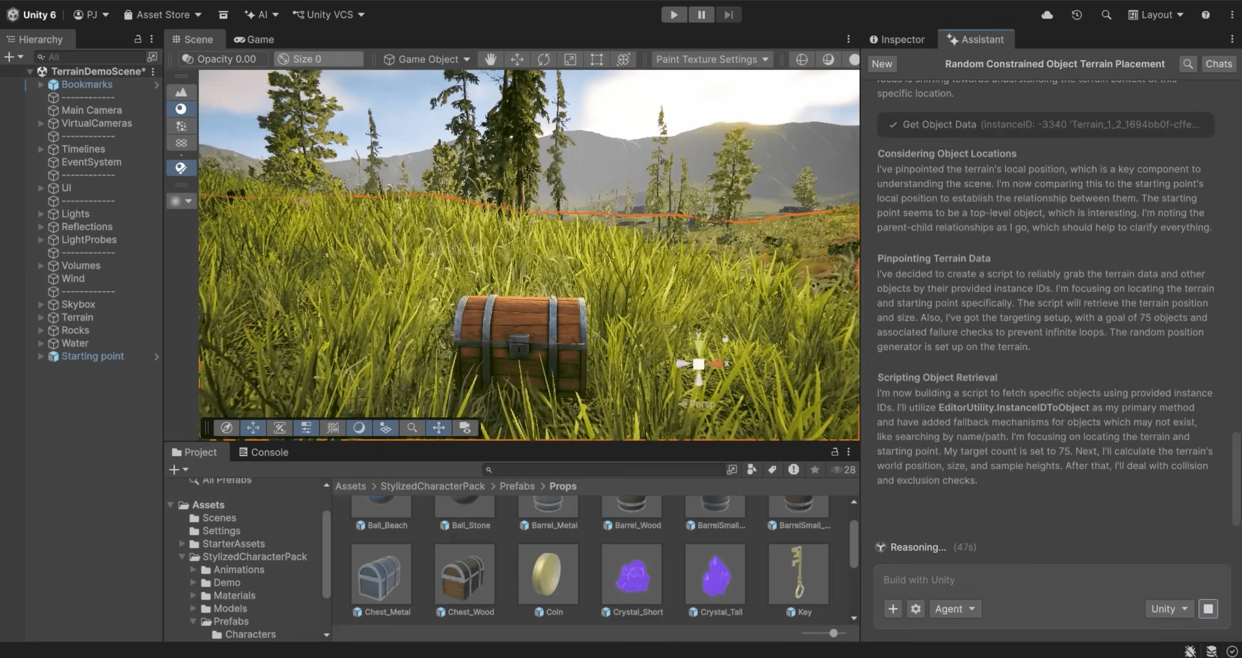 Unity AI Assistant open in the Unity Editor. Agent Mode follows prompts to makes changes directly to a scene while sharing its reasoning.