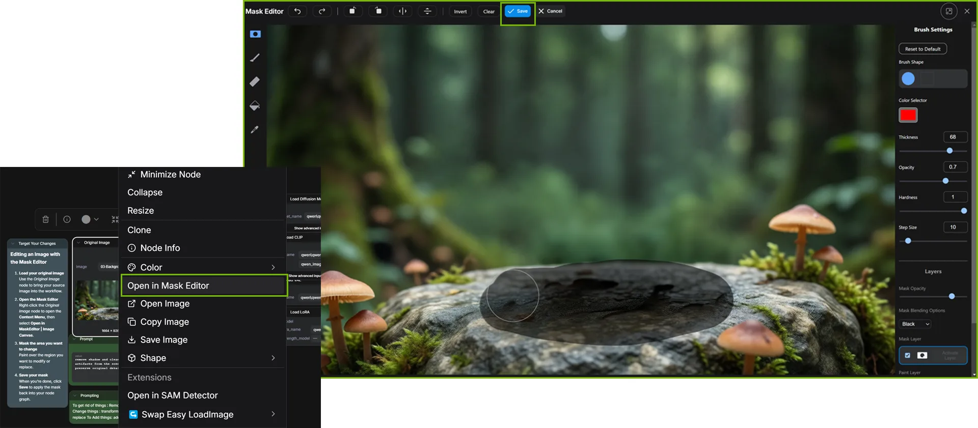 ComfyUI workflow showing removal of an unwanted object in an image with intelligent replacement