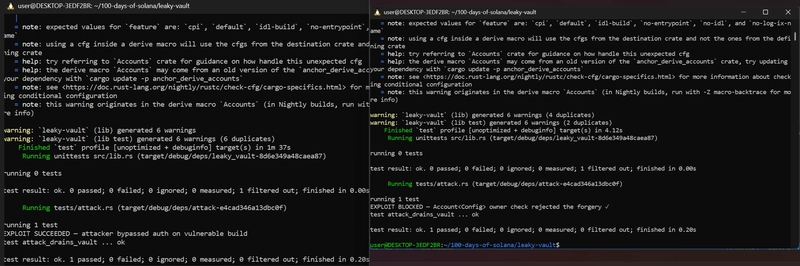 EXPLOIT SUCCEEDED on the left, EXPLOIT BLOCKED on the right