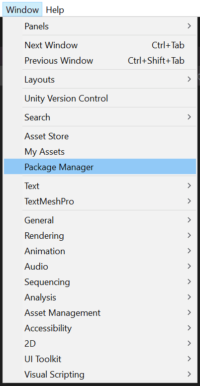 The Window menu showing the Package Manager option