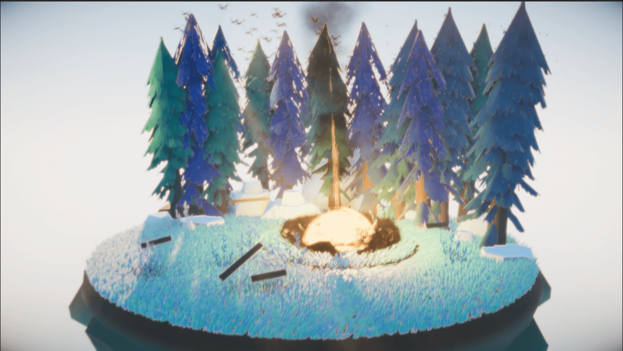 Still image of meteorite in the middle of hitting a small forest scene
