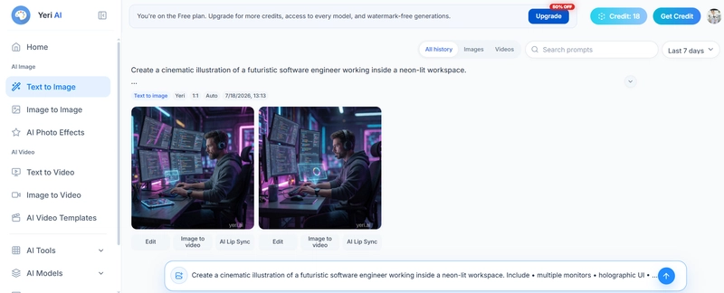 Stable Diffusion generating a futuristic software engineer illustration featuring holographic interfaces, multiple monitors, realistic lighting, reflections, depth of field, and a detailed cyberpunk environment