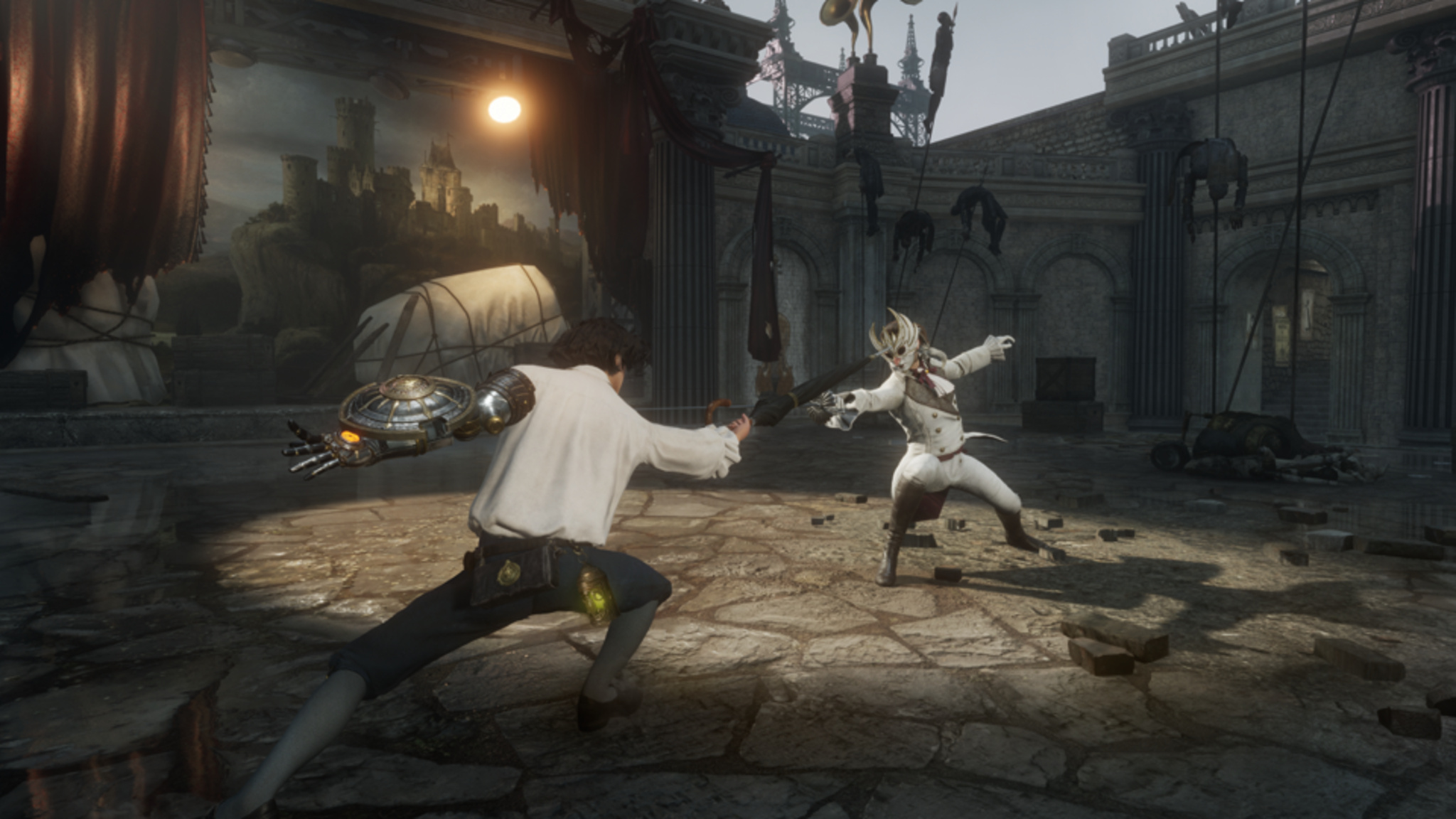 In a screenshot from Lies of P, two characters — one with a metallic left arm and the other in a demonic white mask — prepare for a swordfight in a dimly lit neighborhood.