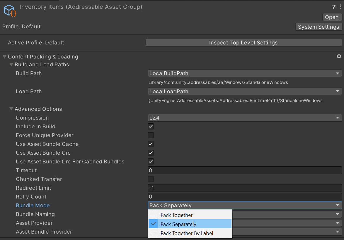 Adressables asset group menu