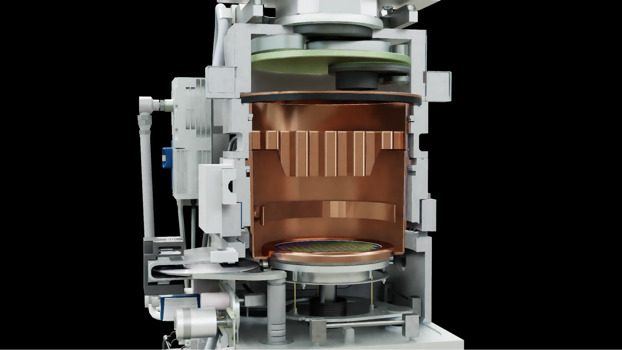 Illustration of ACE+ multi-physics simulation inside a semiconductor process chamber, with GPU acceleration enabling real-time process digital twins.