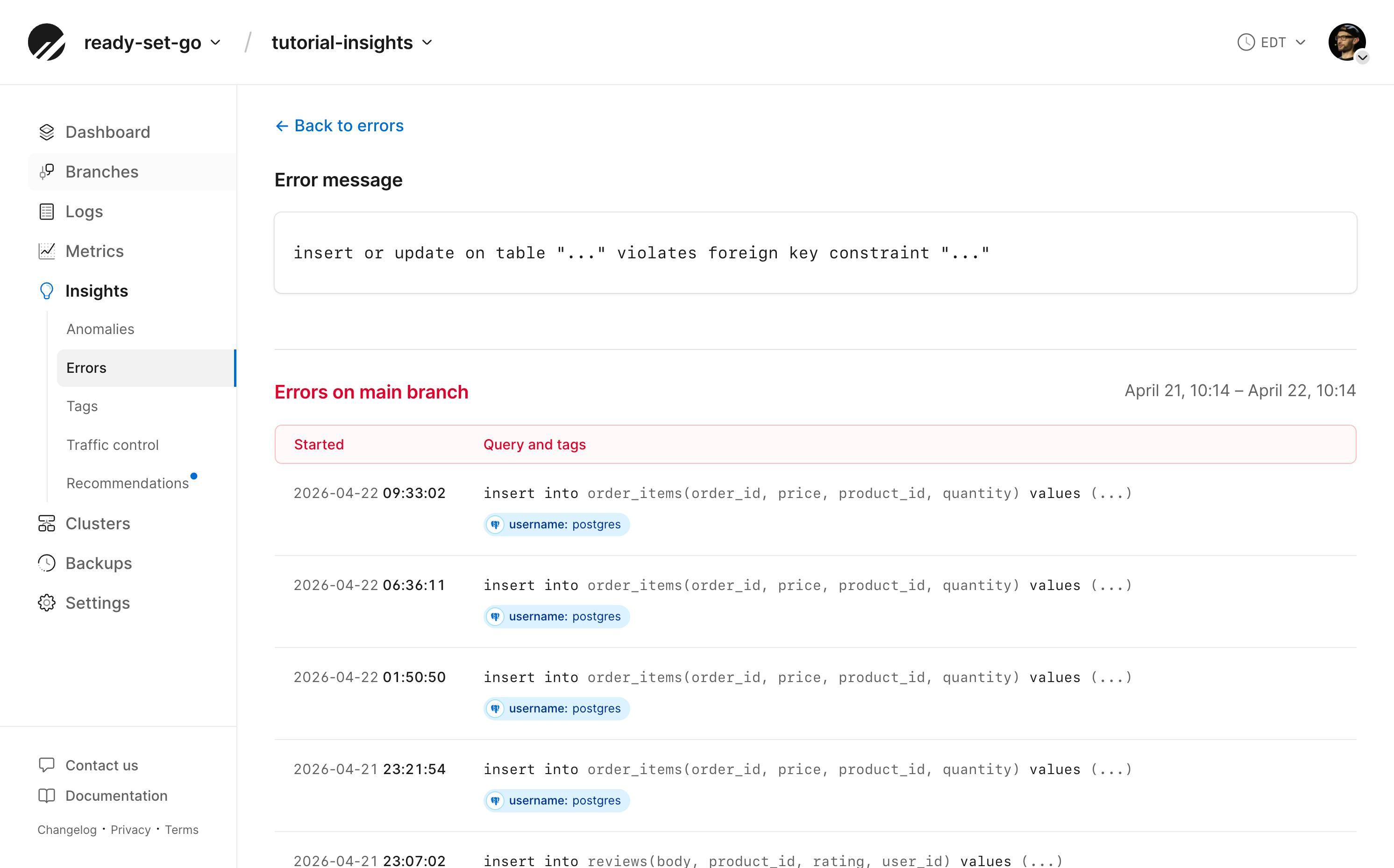 Insights errors page showing duplicate key constraint violations