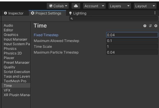 Setting Fixed Timestep to 0.04 in Project Settings