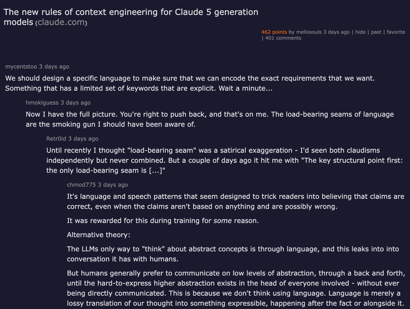 Hacker News thread — The new rules of context engineering for Claude 5 generation models — 462 points, 401 comments