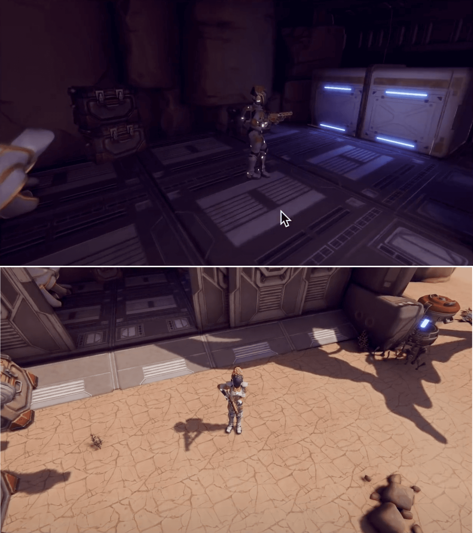 The robot inside and outside of the cave, with lighting level affected by Light Probes
