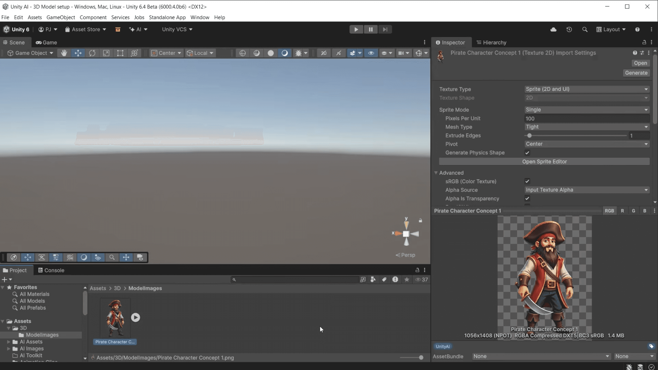 In-Editor view of Unity's AI Generator tools. A cartoon pirate image is being used to generate a pirate ship (not pictured) in a similar style.