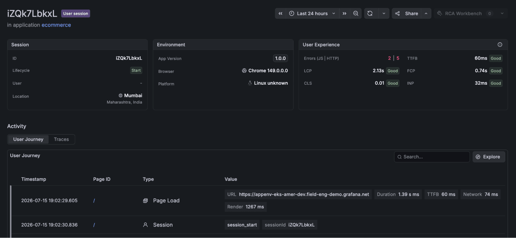 A screenshot of the errors view in Frontend Observability, showing how you can you drill down into a user journey with timestamps, the types of actions completed, and more.