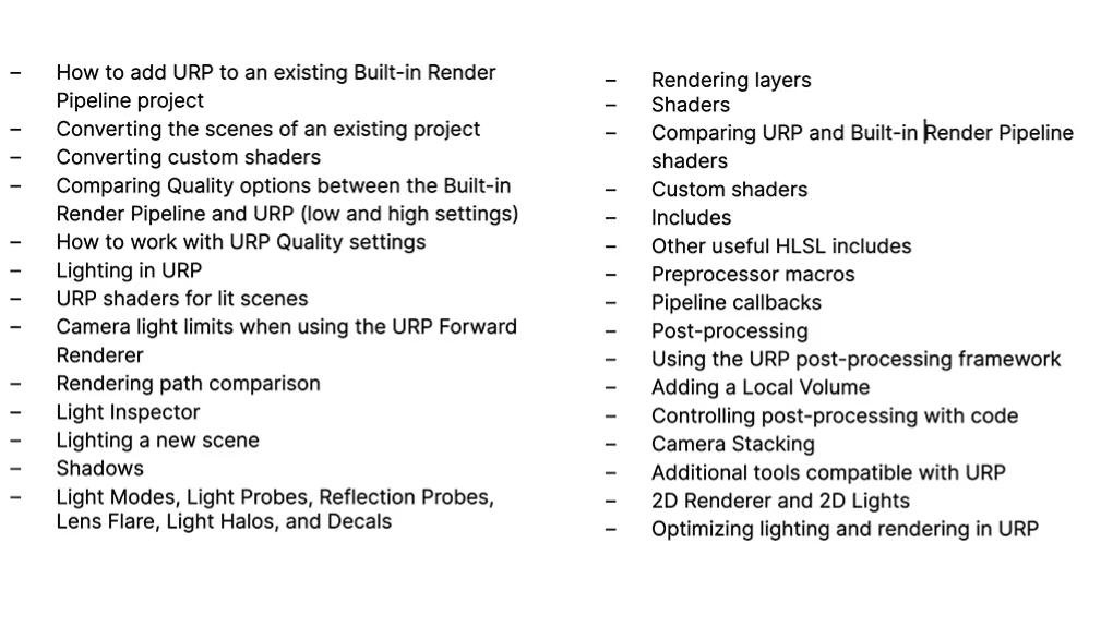 List of topics covered in the URP Unity 6 e-book