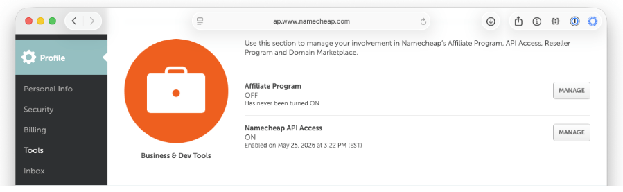 Screenshot showing Profile > Tools highlighted.