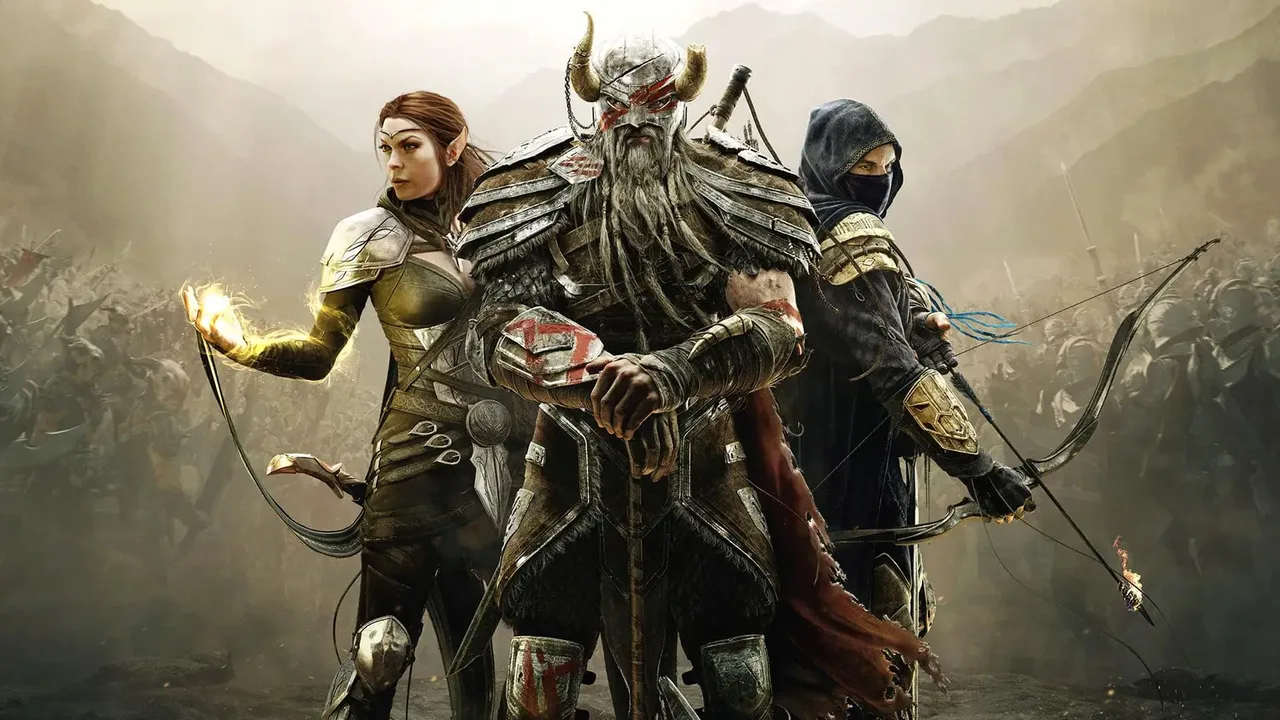 Key art showcasing three characters of The Elder Scrolls Online posing together