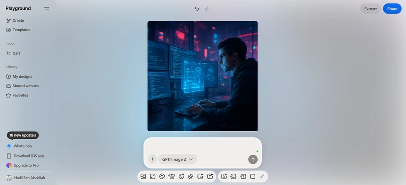 Playground AI generating a futuristic software engineer illustration with multiple monitors, holographic interfaces, cinematic lighting, realistic reflections, and a cyberpunk-inspired workspace