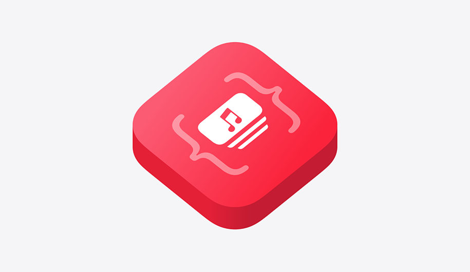 The Apple Music Feed icon, a music note in white set on a 3D red rectangular block.