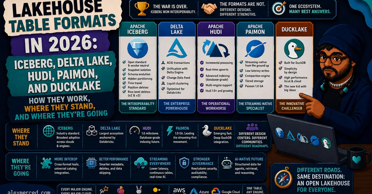 Lakehouse Table Formats in 2026: Iceberg, Delta Lake, Hudi, Paimon, and DuckLake, How They Work, Where They Stand, and Where They're Going