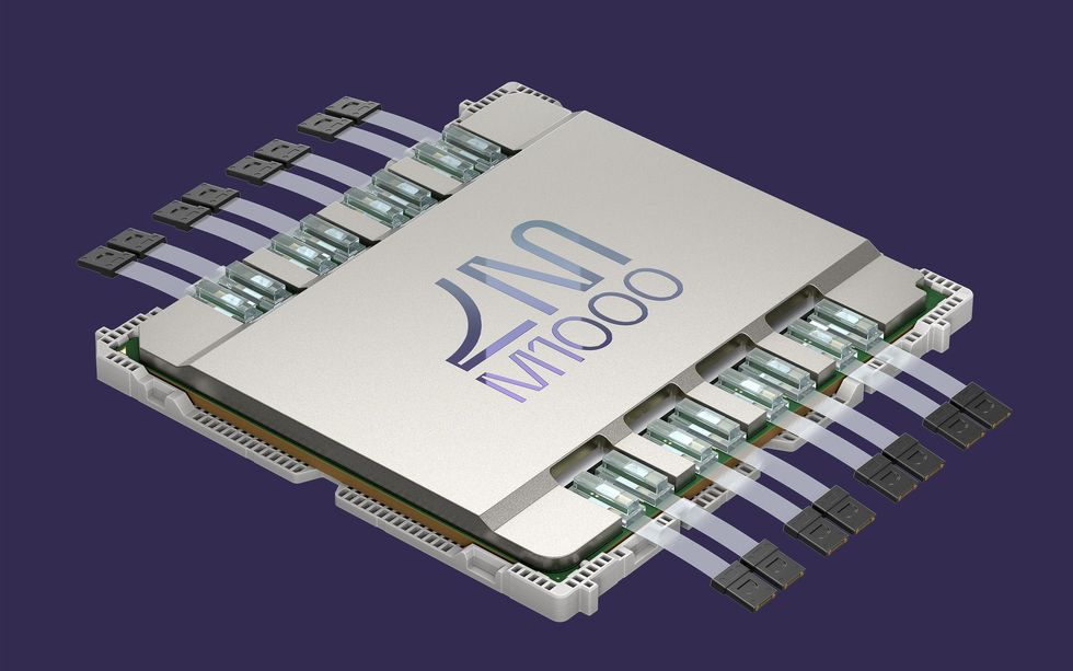 Rendering of a 3D photonic interposer with interconnects across the entire die area instead of the side of the package.