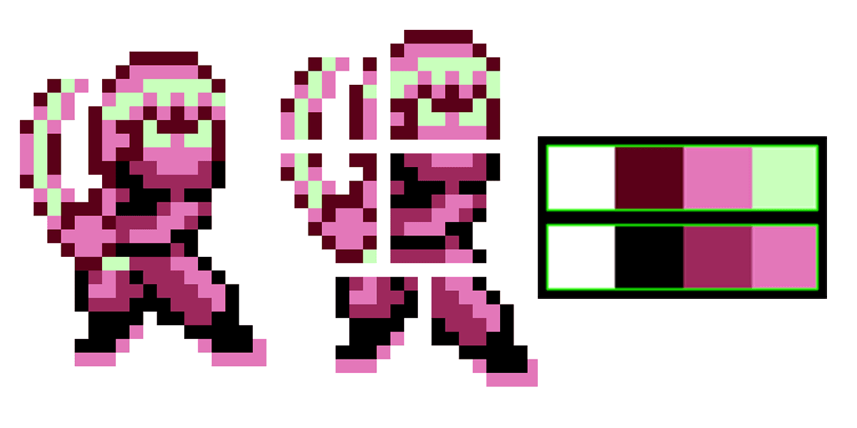 This Ninja Character utilizes two sub-palettes to give it a greater color depth. On the right, you can see it split up into each individual 8x8 sprite tile. With this split view, it becomes more obvious that the light teal and darkest red that is used in the sword and headband are unique to those tiles, while the dark purple and black outline pieces are used in the remaining three tiles.
