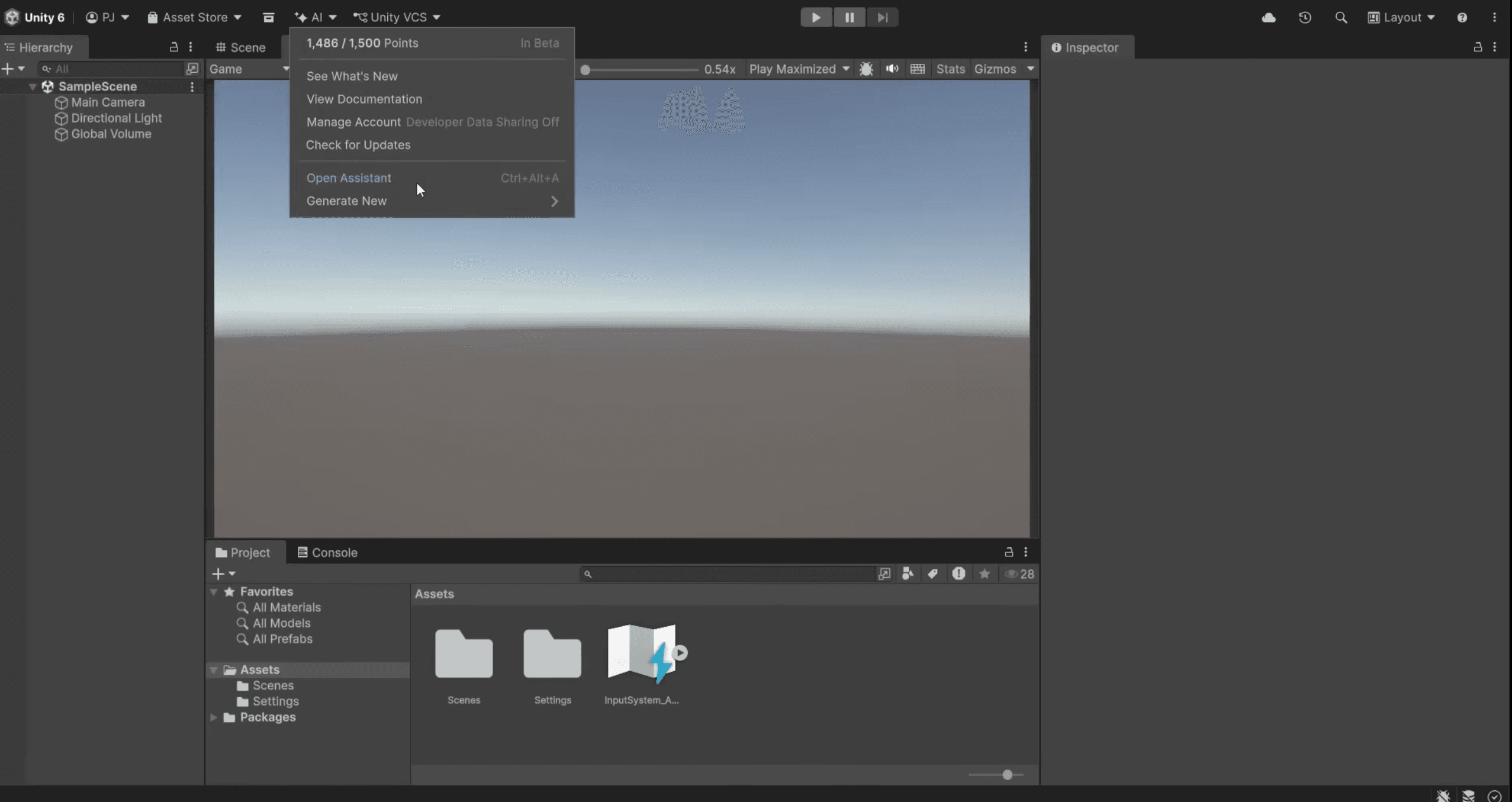A user opening the AI Assistant from the main menu in the Unity Editor.