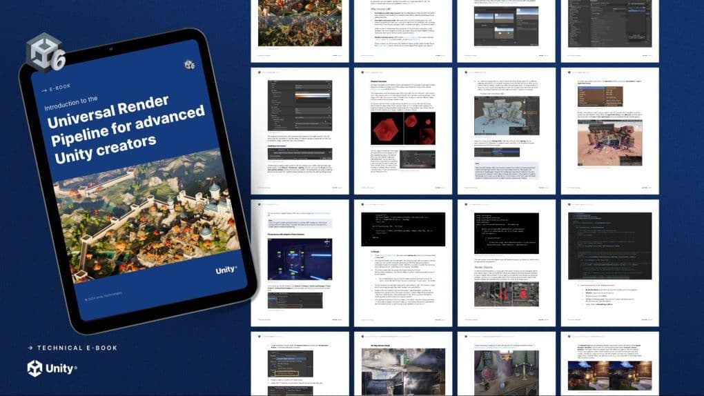A tablet showing the cover of a Unity e-book on the Universal Render Pipeline with a grid of sample pages to the left.