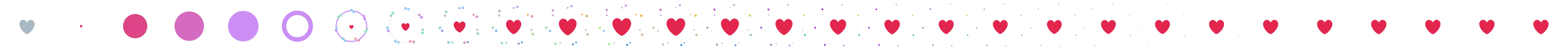 A heart goes from gray to red, swelling and spraying particles in all directions