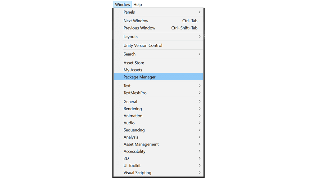 Window Menu with Package Manager selected