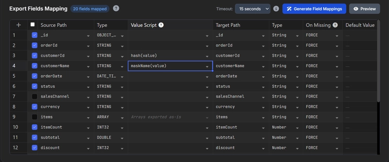 VisuaLeaf export mappings with hash(value) and maskName(value) applied.