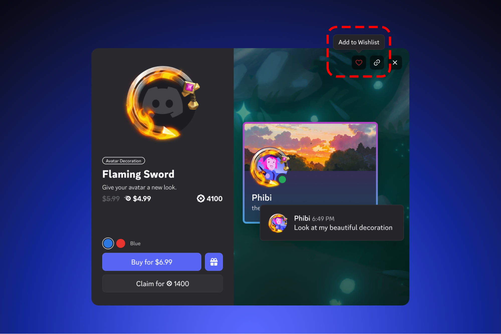 A preview of the Add to Wishlist option in Discord.