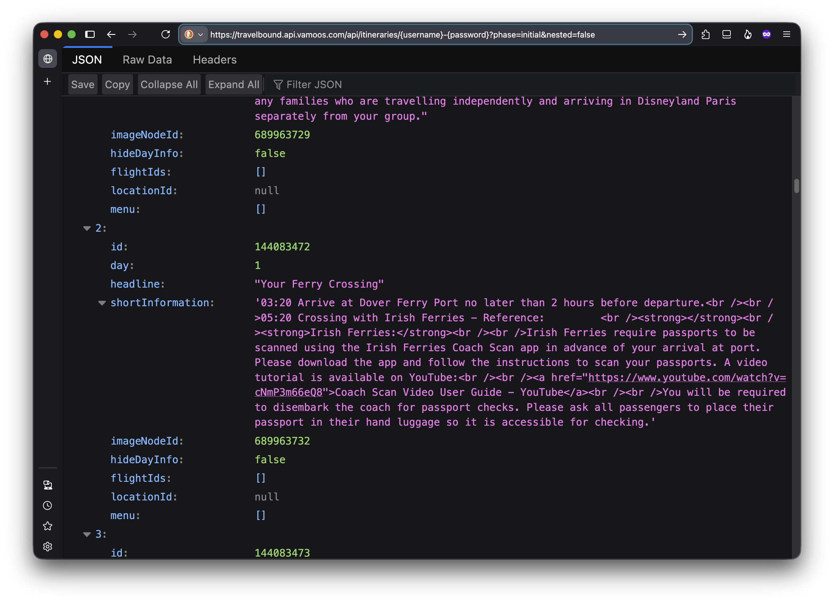 Firefox showing a JSON document, focussing on a section about 'Your Ferry Crossing' with some accompanying HTML.