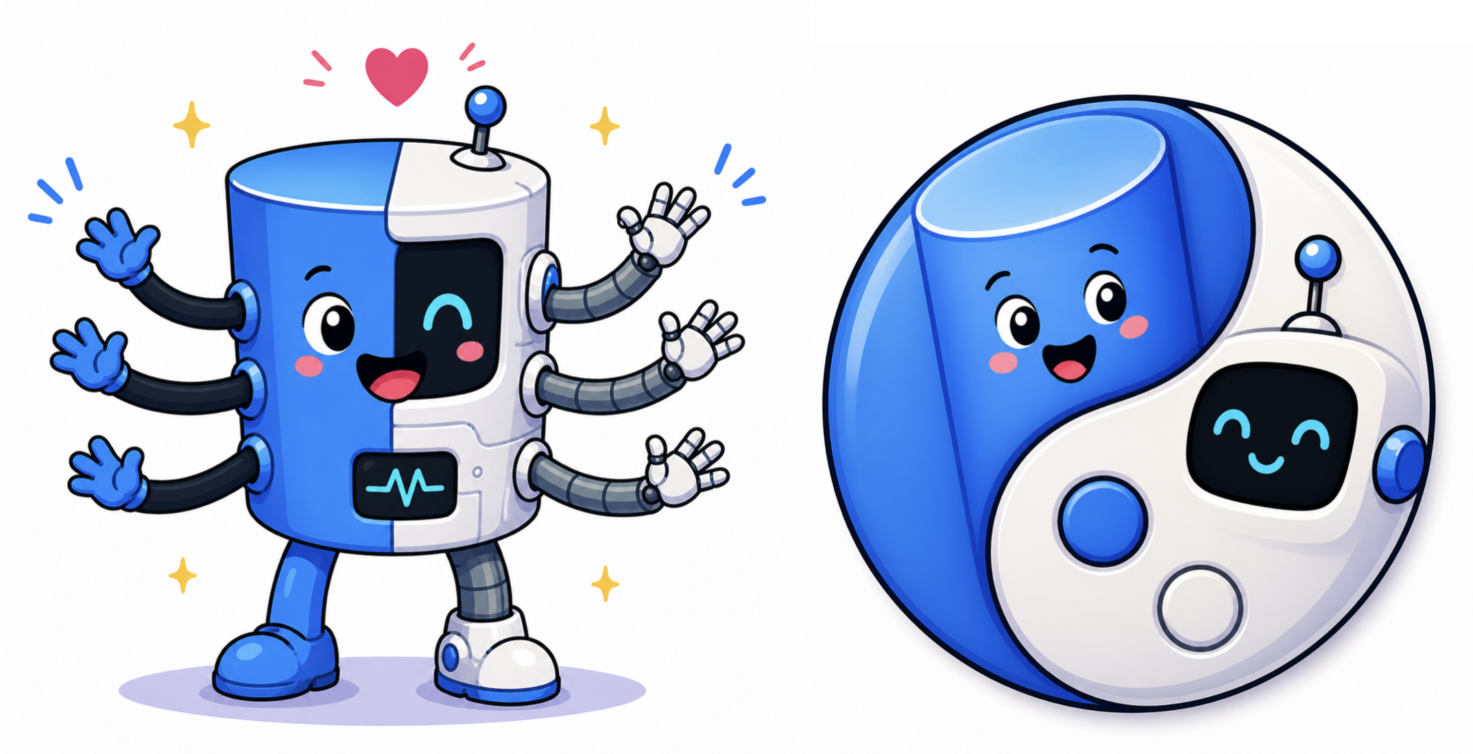 A half-database, half-robot character next to a yin-yang symbol formed by a database and a robot agent
