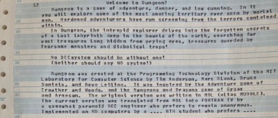Code printout of the ND version of Dungeon/Zork from NTH.