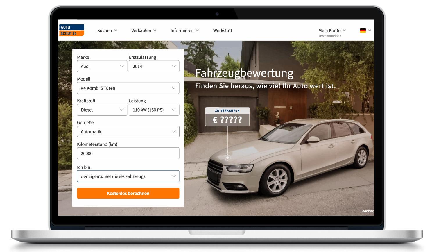 Homepage of the AutoScout 24 Price Evaluation Tool in December 2016 with a silver car parked outside a modern home