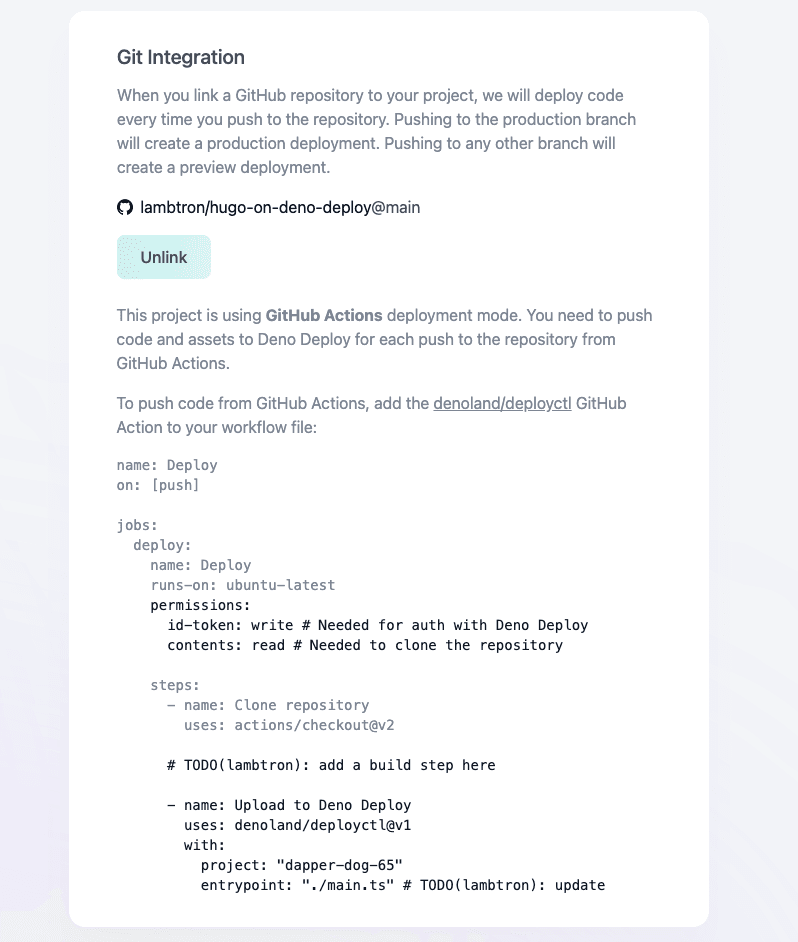 Confirming Git integration with Deno Deploy