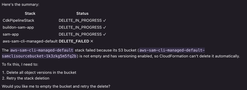 The status result showing three stacks deleted cleanly while aws-sam-cli-managed-default came back DELETE_FAILED